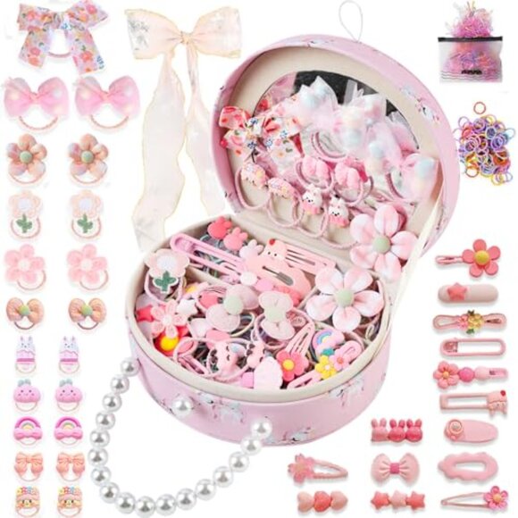 Girls Pink Princess Jewelry Box with Hair Accessories Mirror Organizer - Picture 2 of 7